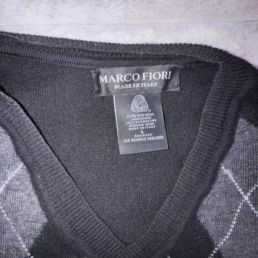 Marco Fiori Argyle V Neck Sweater Mens‎ Large Merino Wool Blue Black Made Italy